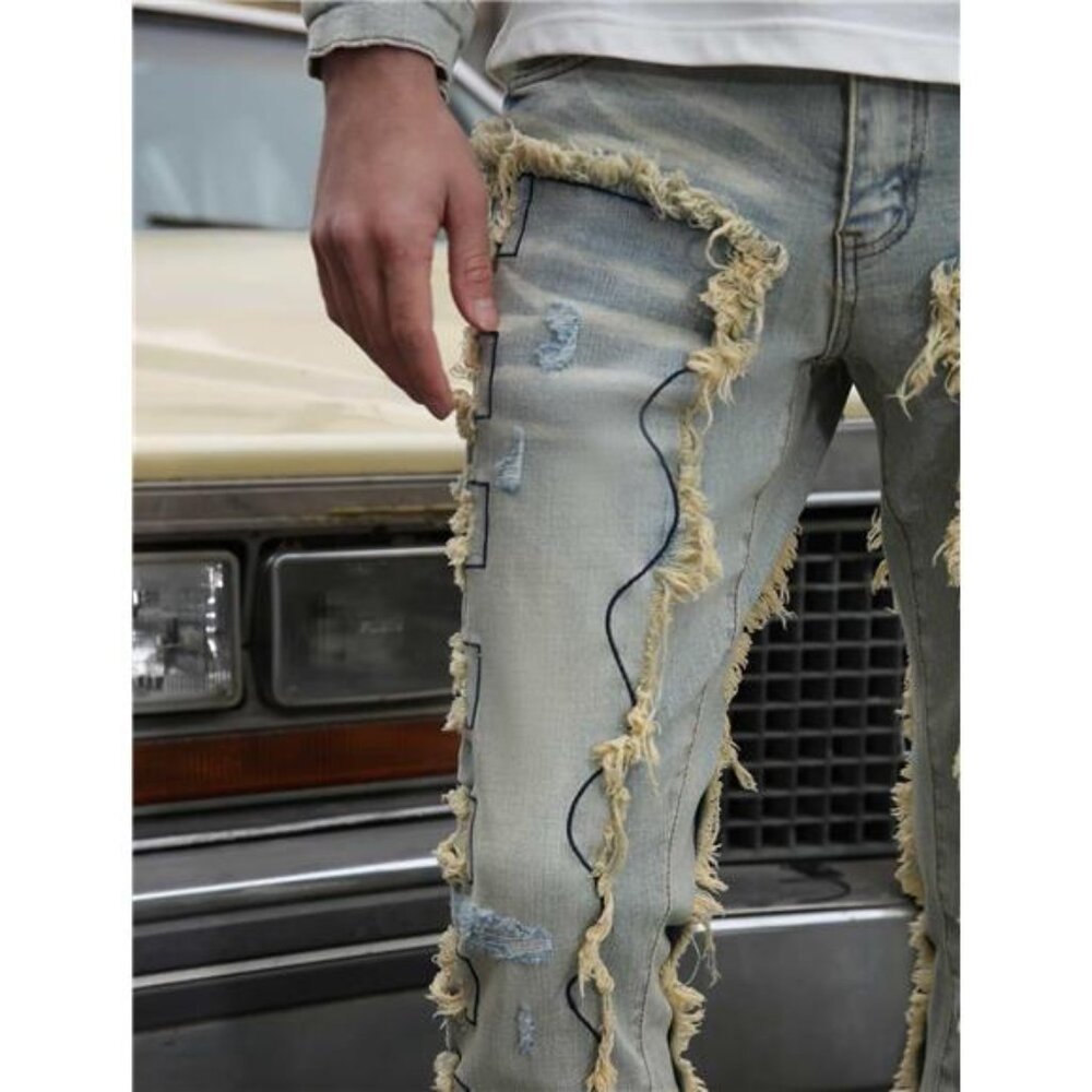 New w Tags Men's Ripped Bootcut Jeans Slim Fit Bell Bottom Ripped Flared Denim - Picture 2 of 7